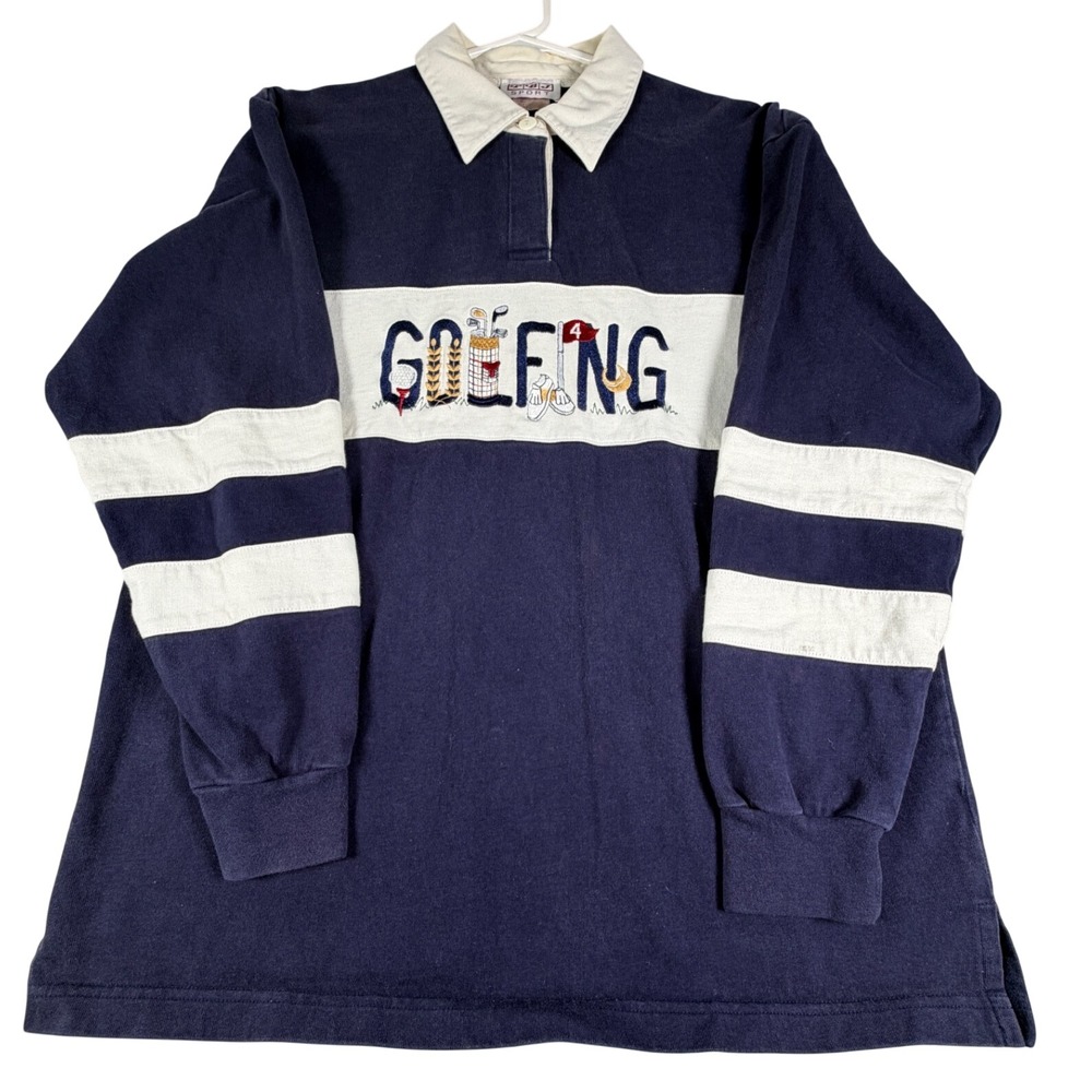 PBJ Sport Mens Navy Golfing Embroidered Rugby Shirt Size M Long Sleeve